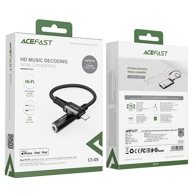 acefast c1 05 lightning to 3 5 mm aluminum alloy headphones adapter cable packages black