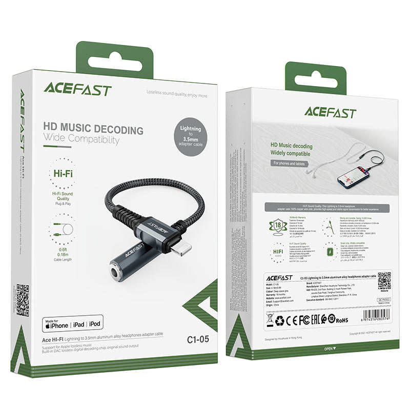 acefast c1 05 lightning to 3 5 mm aluminum alloy headphones adapter cable packages deep space gray