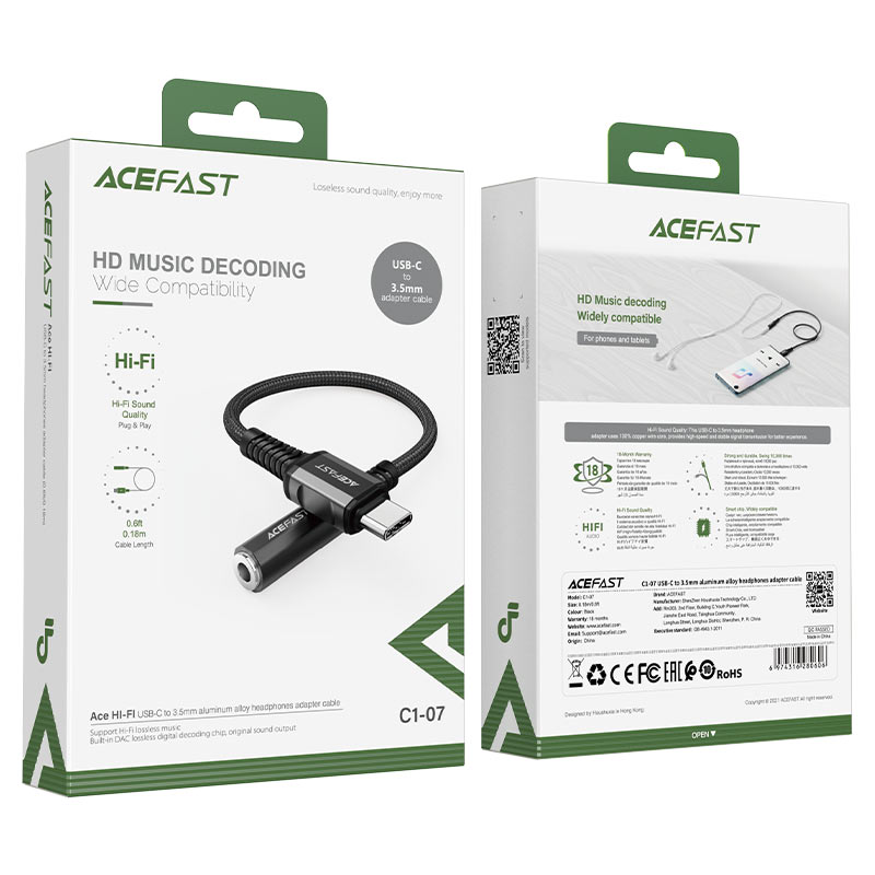 acefast c1 07 usb c to 3 5 mm aluminum alloy headphones adapter cable packages black
