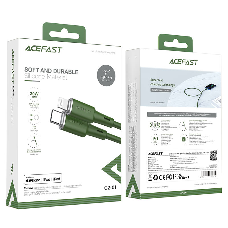 acefast c2 01 usb c to lightning zinc alloy silicone charging data cable package olive green