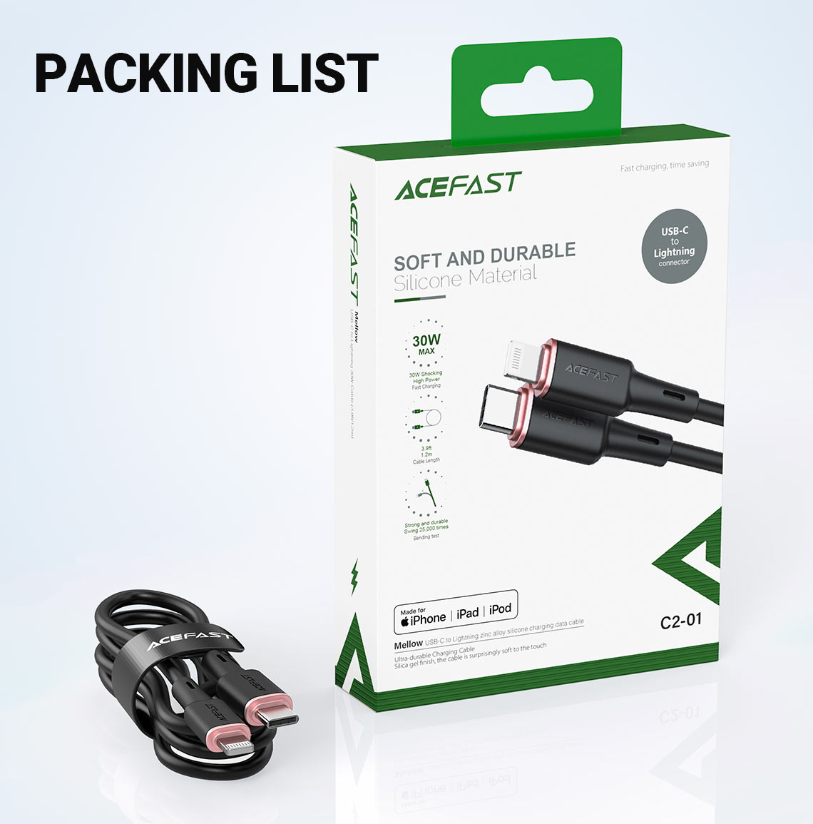 acefast c2 01 usbc to lightning silicone charging data cable packing list