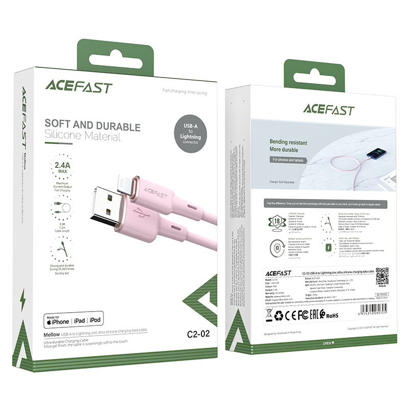 acefast c2 02 usb a to lightning zinc alloy silicone charging data cable package pink