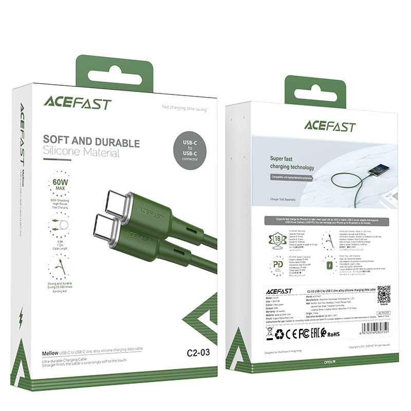 acefast c2 03 usb c to usb c zinc alloy silicone charging data cable package olive green