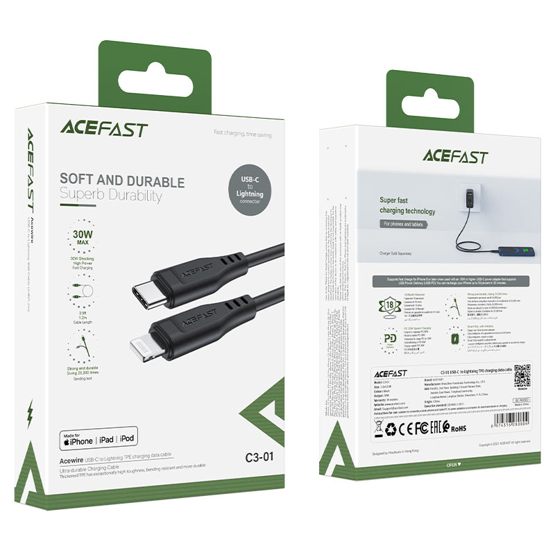 acefast c3 01 usb c to lightning tpe charging data cable package black