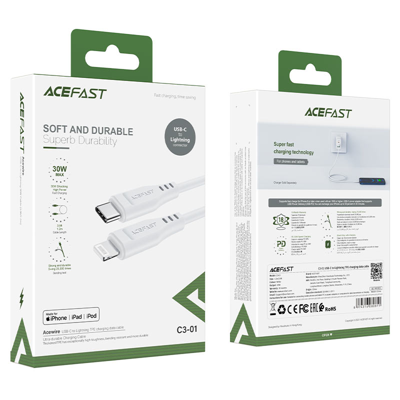 acefast c3 01 usb c to lightning tpe charging data cable package white