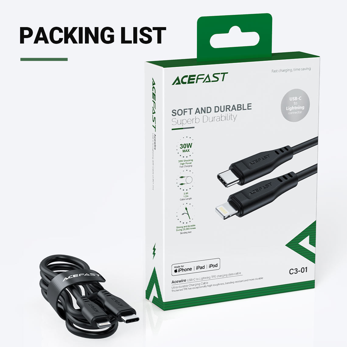 acefast c3 01 usbc to lightning charging data cable packing list