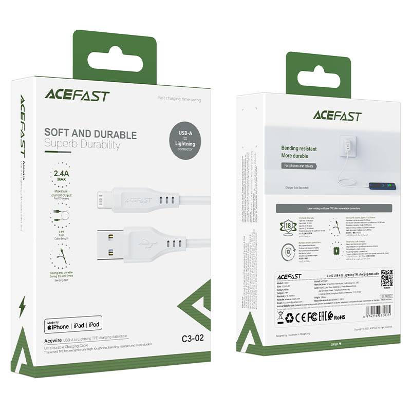 acefast c3 02 usb a to lightning tpe charging data cable package white
