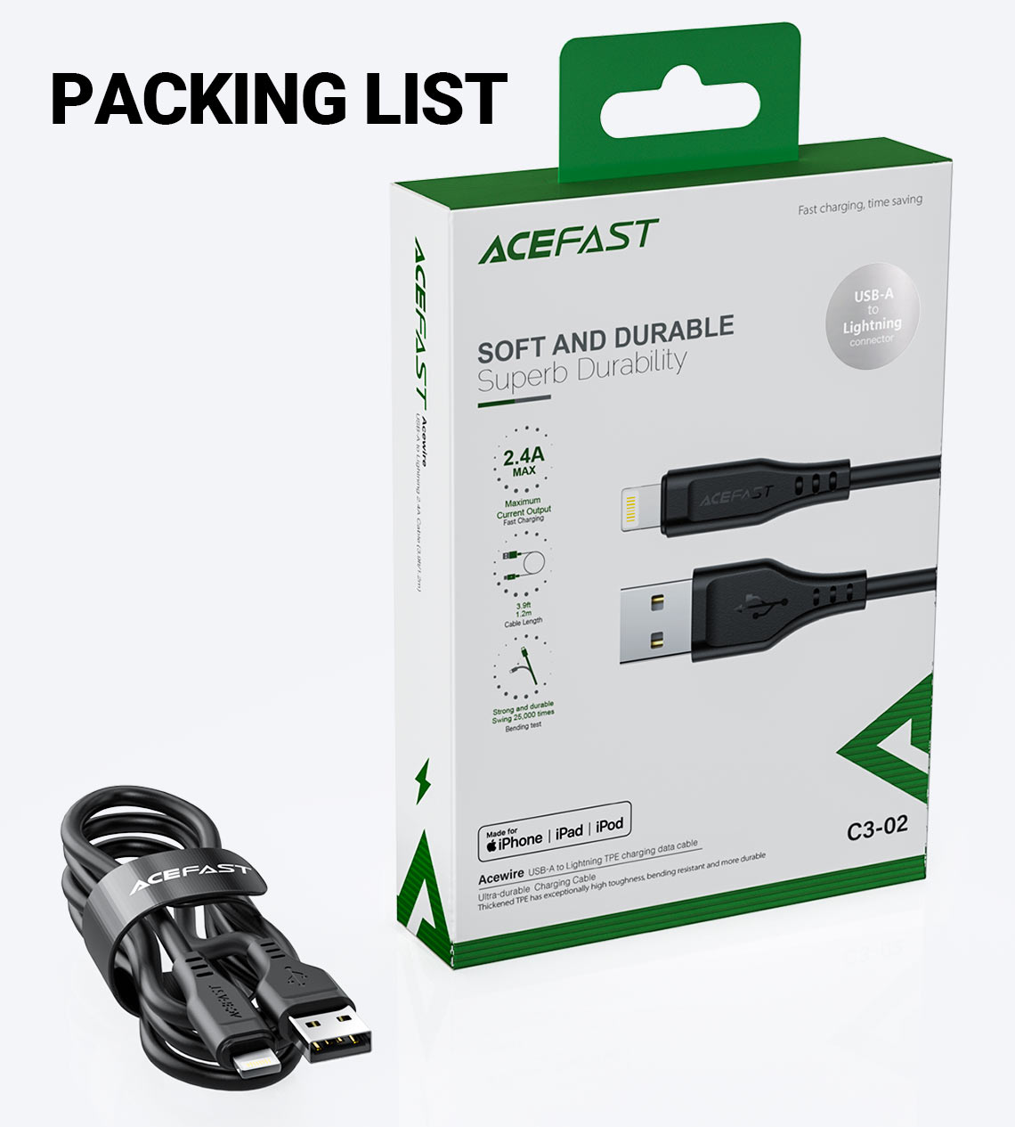 acefast c3 02 usba to lightning charging data cable packing list