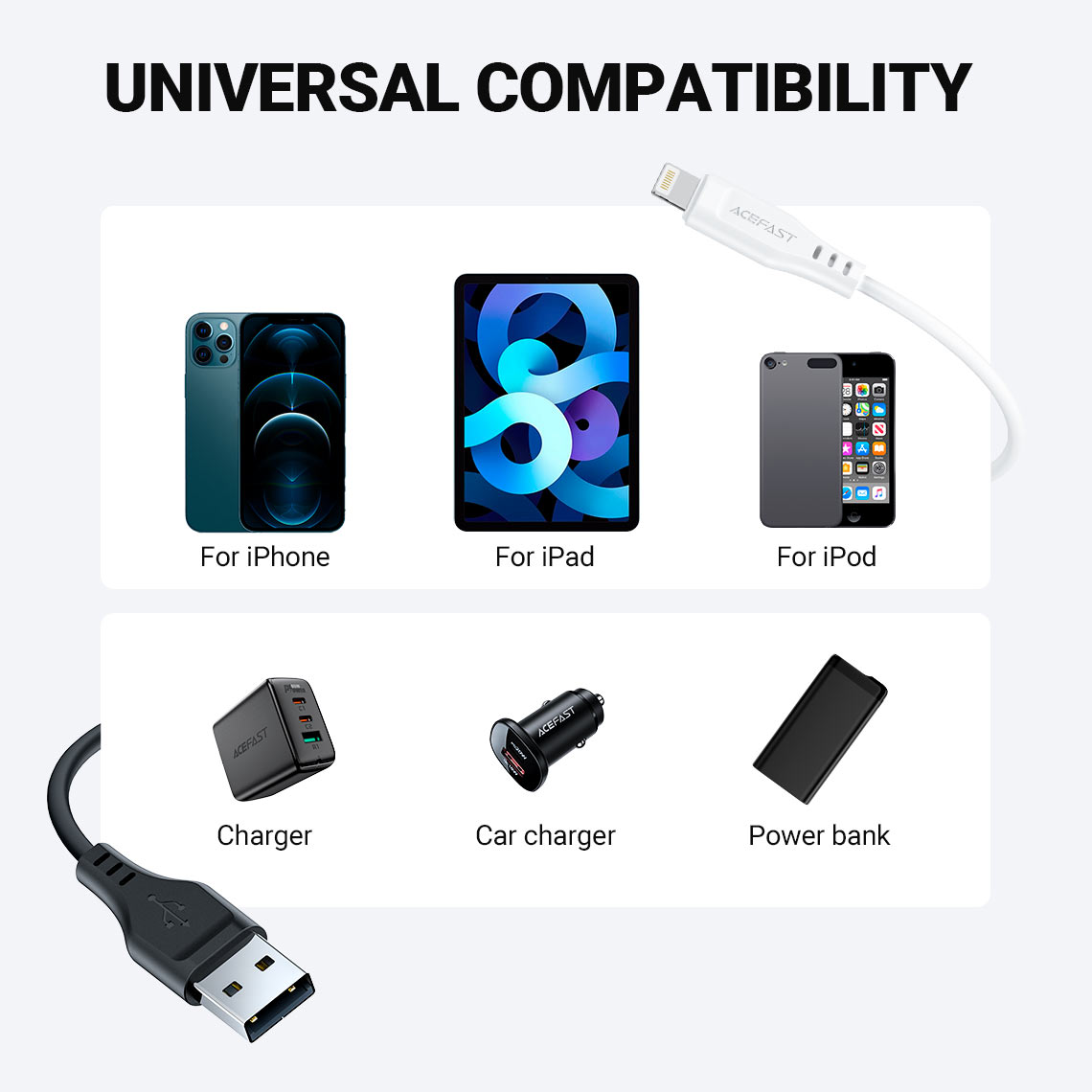 acefast c3 02 usba to lightning charging data cable universal compatibility