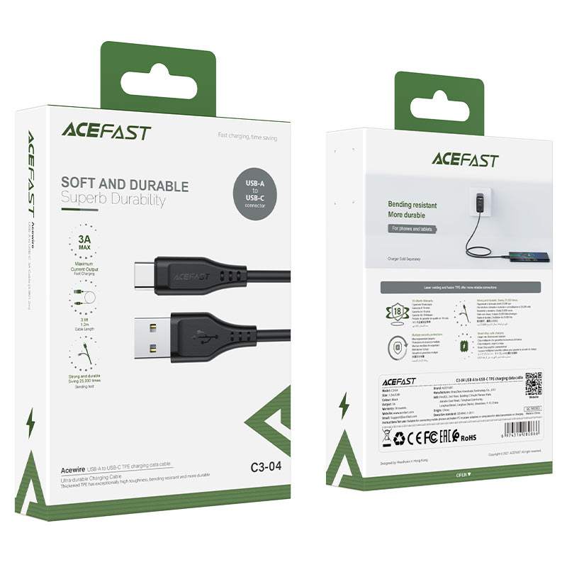 acefast c3 04 usb a to usb c tpe charging data cable package black
