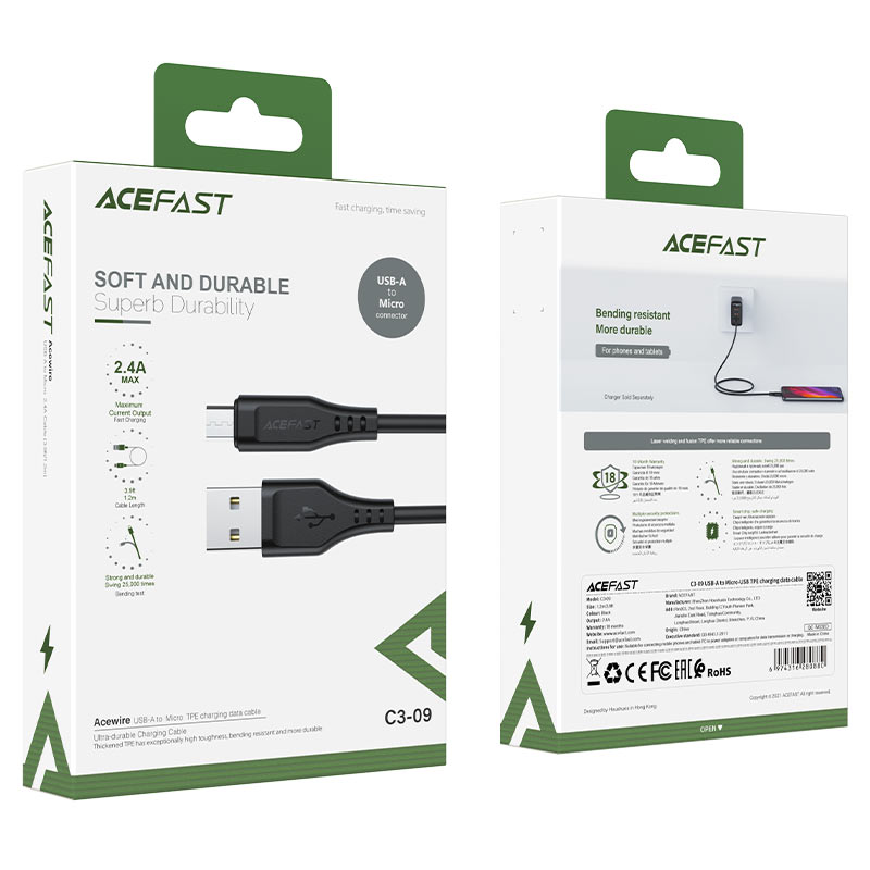 acefast c3 09 usb a to micro usb c tpe charging data cable package black