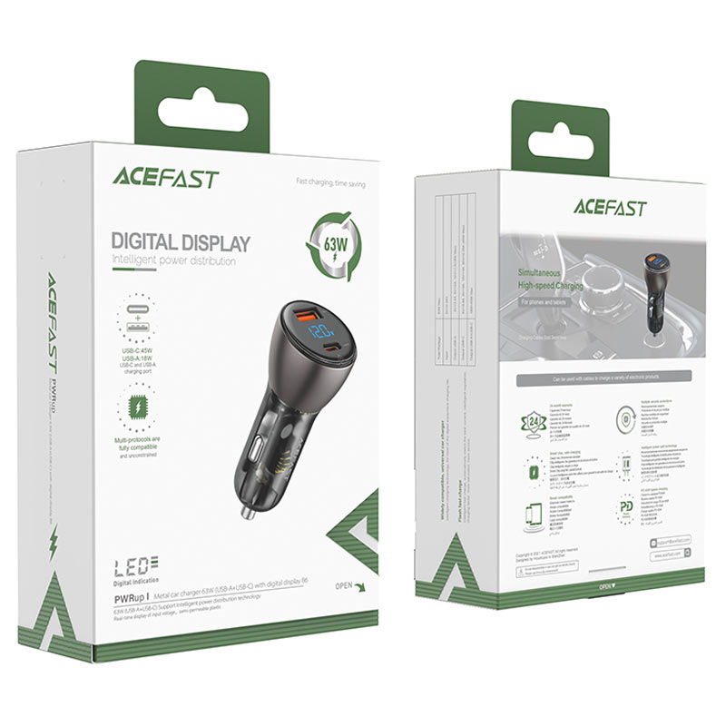 acefast b6 car charger 63w usb a usb c with digital display package