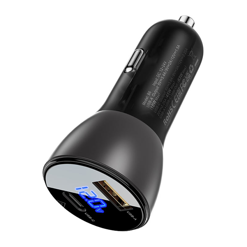 acefast b6 car charger 63w usb a usb c with digital display specs