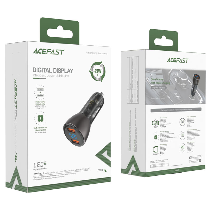 acefast b7 car charger 45w dual usb a with digital display package