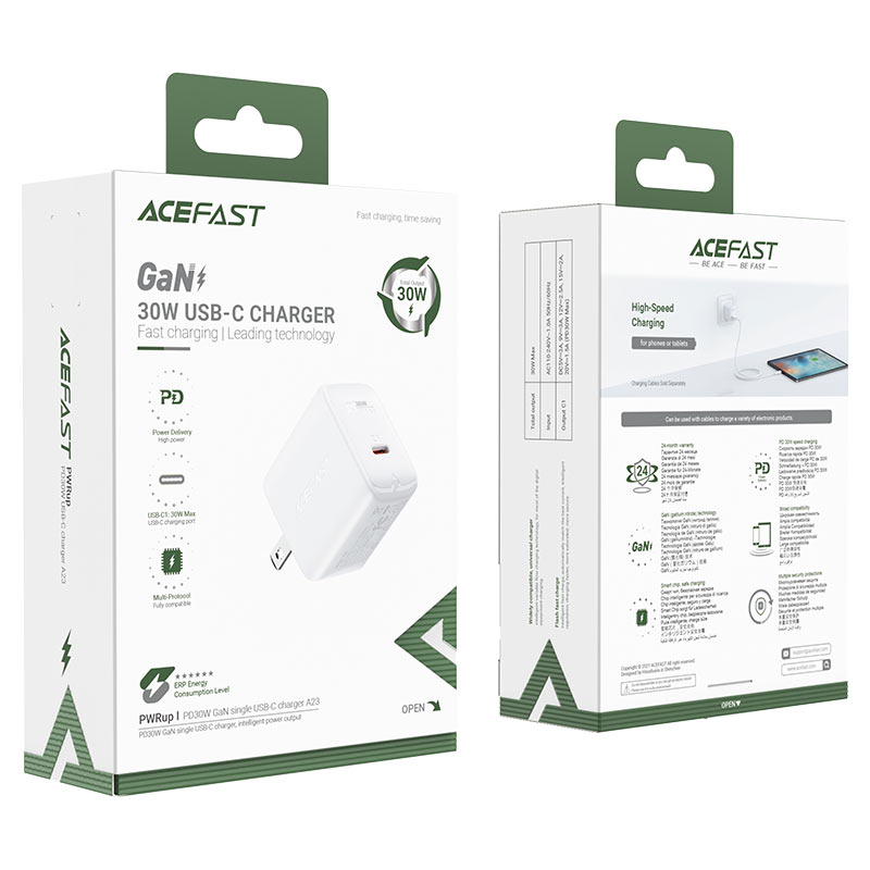 acefast a23 pd30w gan single usb c charger us packaging white