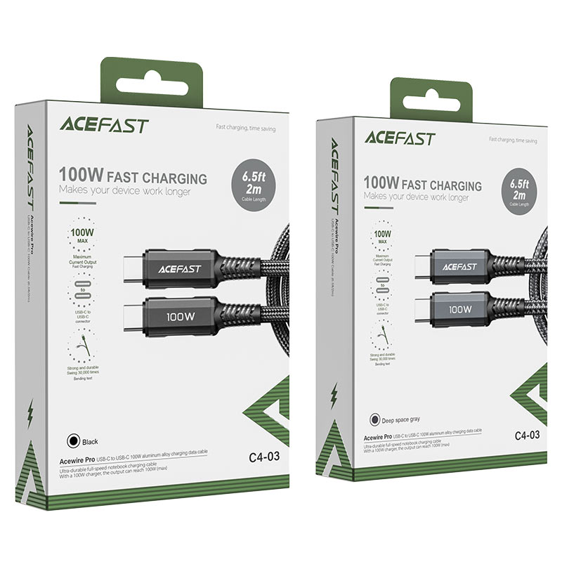 acefast c4 03 usb c to usb c 100w aluminum alloy charging data cable packages