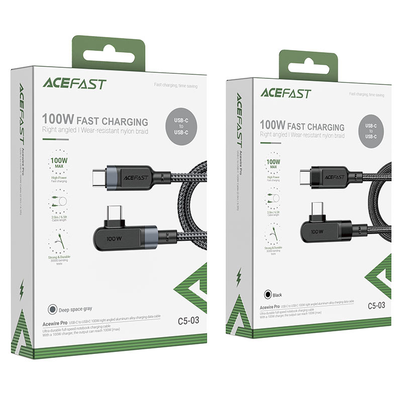 acefast c5 03 usb c to usb c 100w right angled charging data cable packages