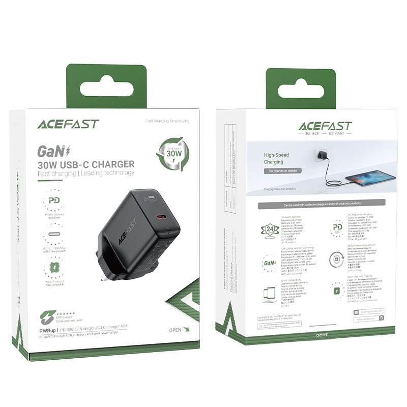 acefast a24 pd30w gan single usb c charger uk package black