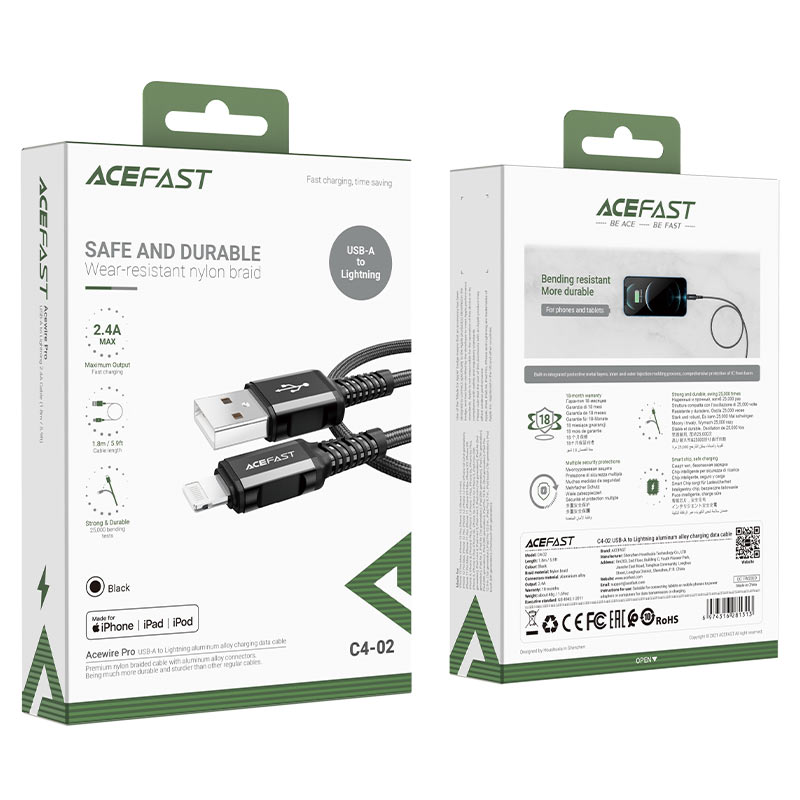 acefast c4 02 usba to lightning aluminum alloy charging data cable package
