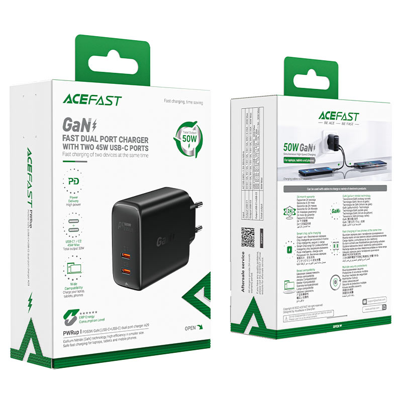 acefast a29 pd50w gan dual usbc port wall charger eu packaging black