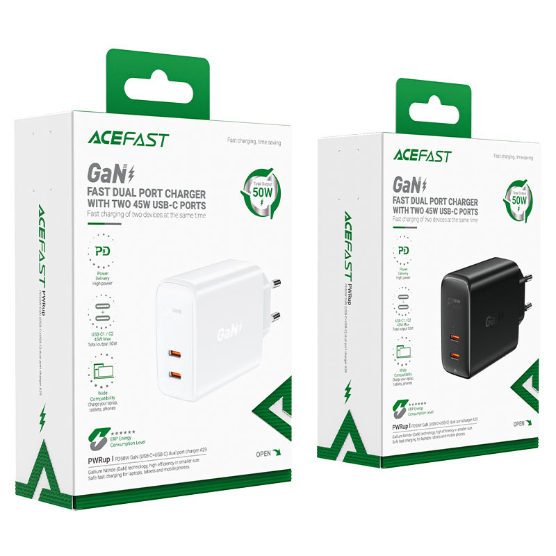 acefast a29 pd50w gan dual usbc port wall charger eu packaging