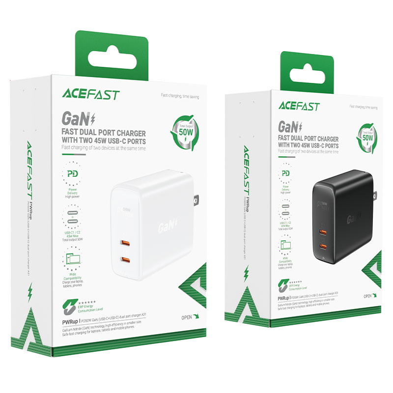 acefast a31 pd50w gan dual usbc port wall charger us packaging