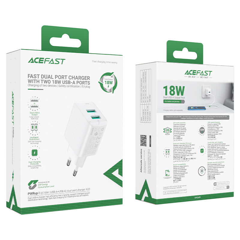 acefast a33 qc18w dual usba port wall charger eu packaging white
