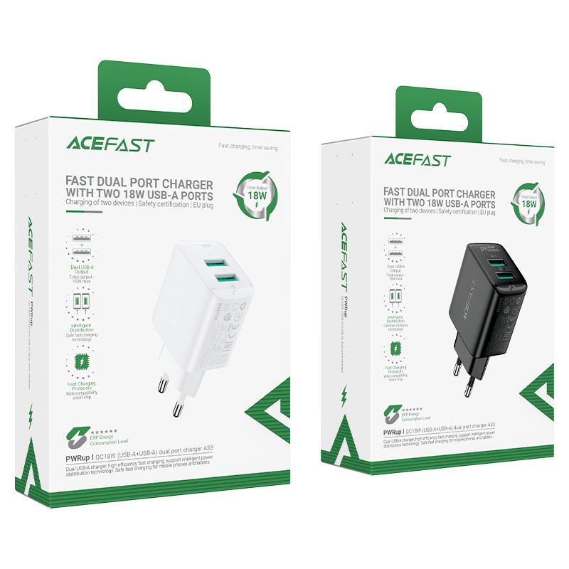 acefast a33 qc18w dual usba port wall charger eu packaging