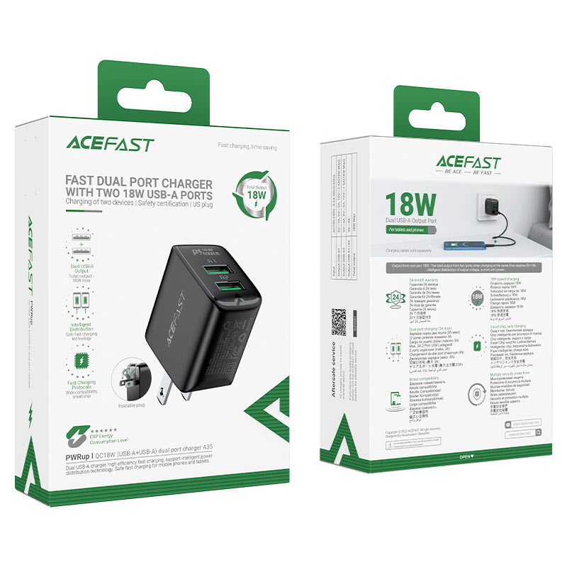 acefast a35 qc18w dual usba port wall charger us packaging black