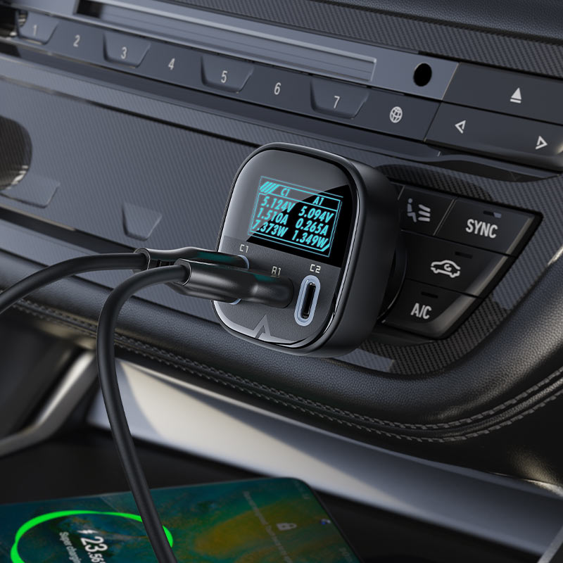 acefast b5 101w 2xusbc usba car charger with oled display charging
