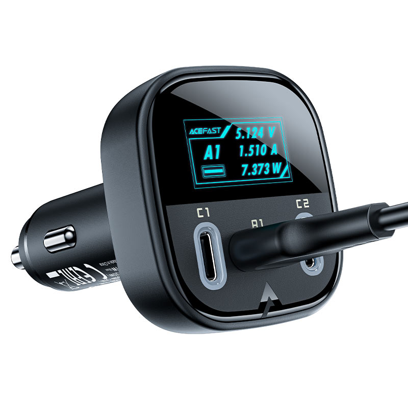 acefast b5 101w 2xusbc usba car charger with oled display information