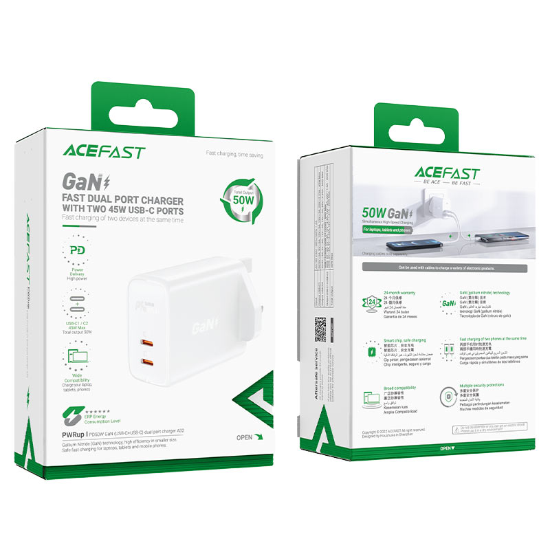 acefast a32 pd50w gan dual usbc port charger uk packaging white