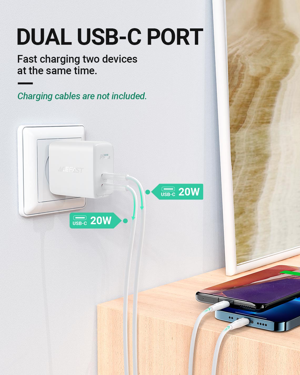 acefast a11 wall charger charging two devices