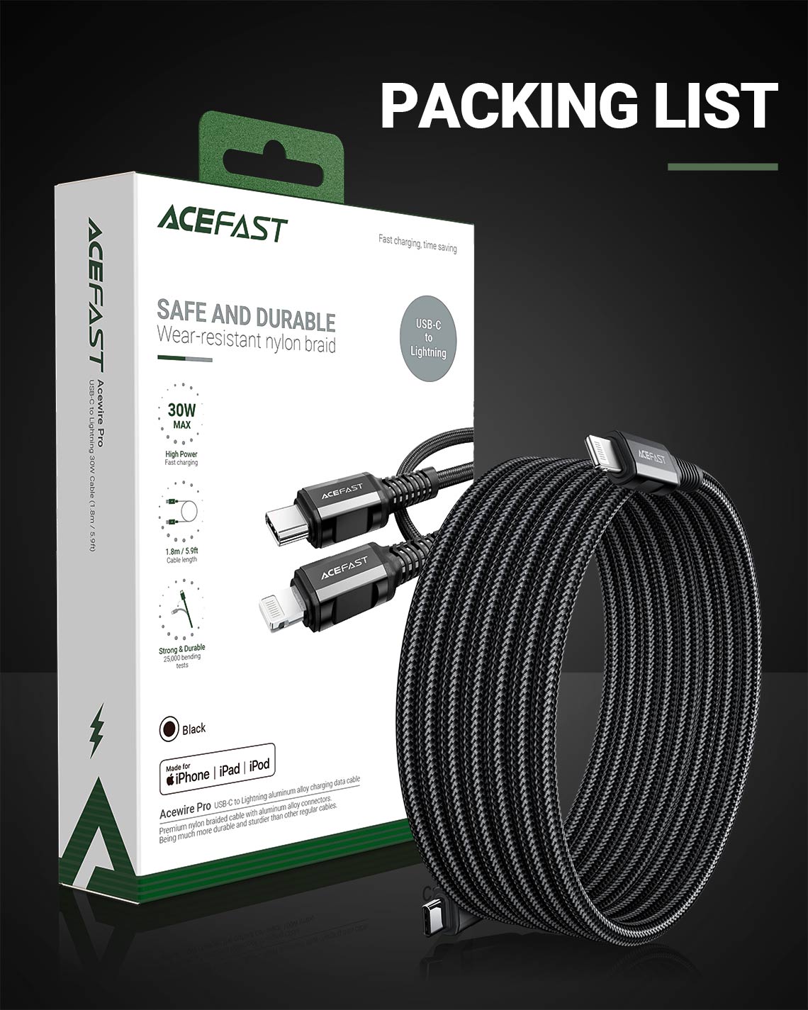acefast c4 01 usbc to lightning charging data cable packing list