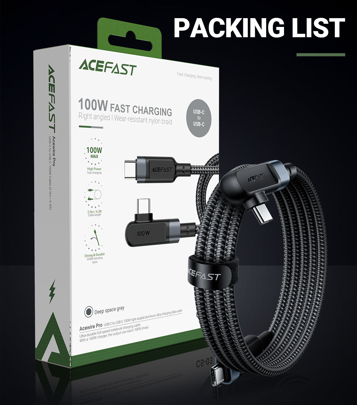 acefast c5 03 usbc to usbc 100w charging data cable packing list