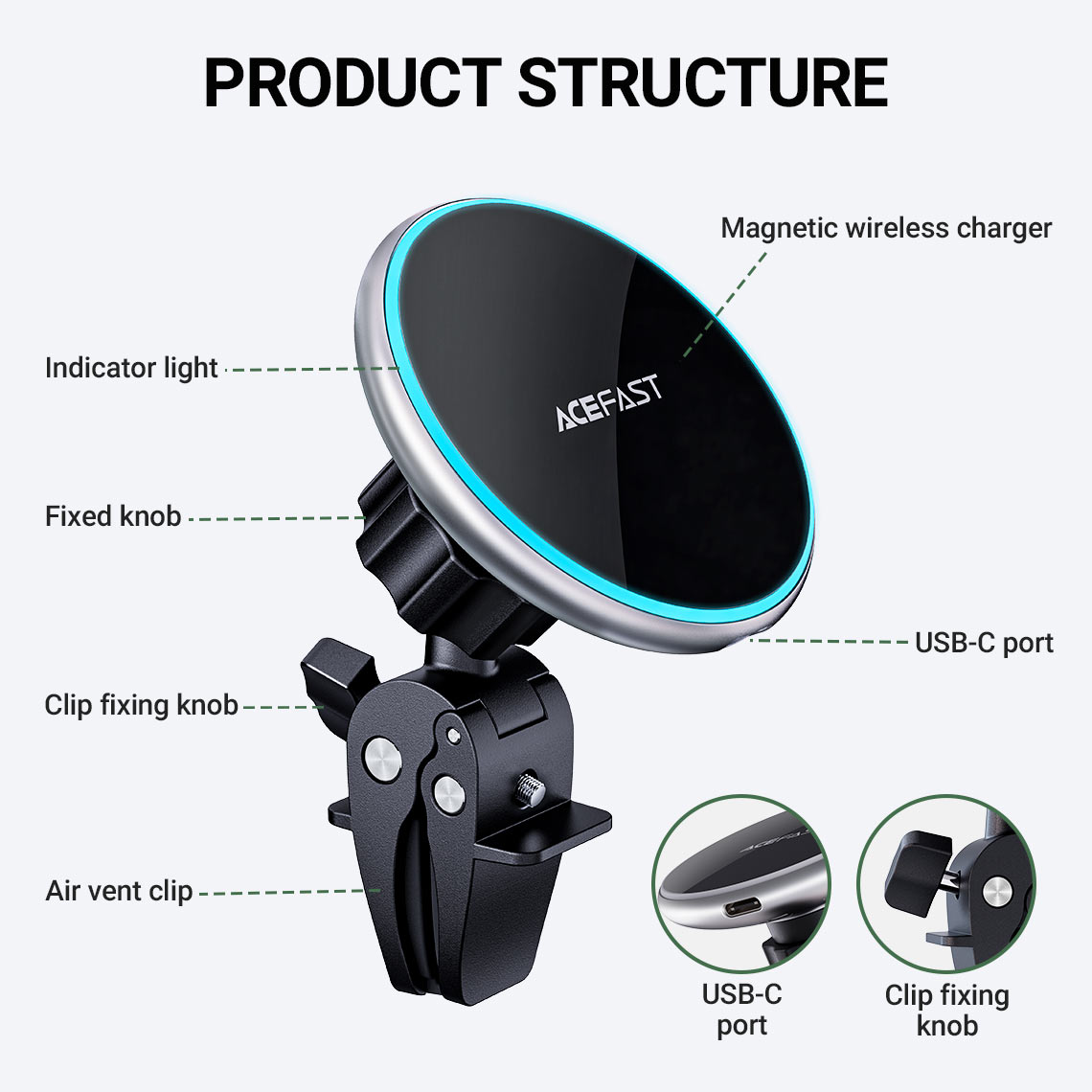 acefast d3 magnetic car holder wireless charger product structure