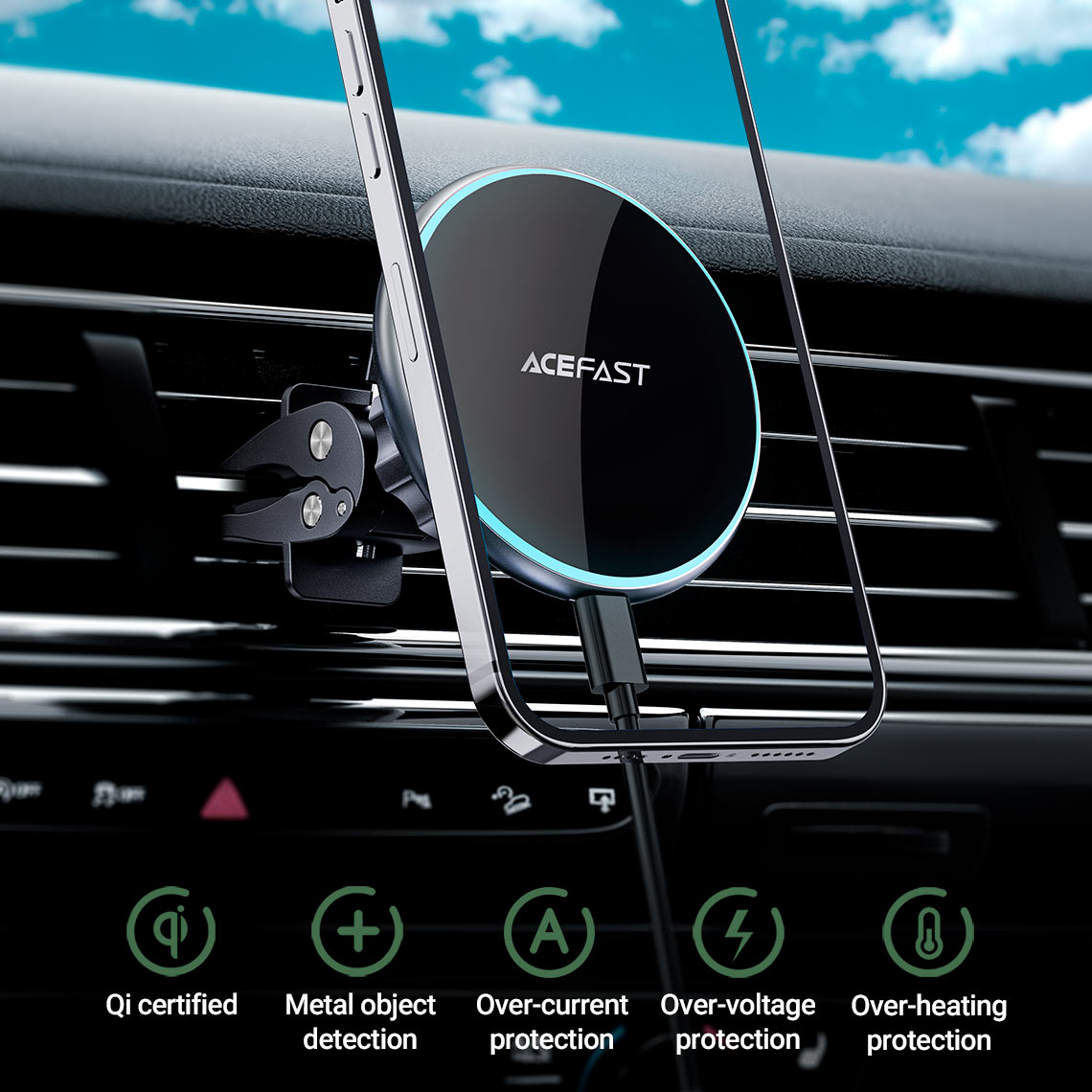 acefast d3 magnetic car holder wireless charger protections