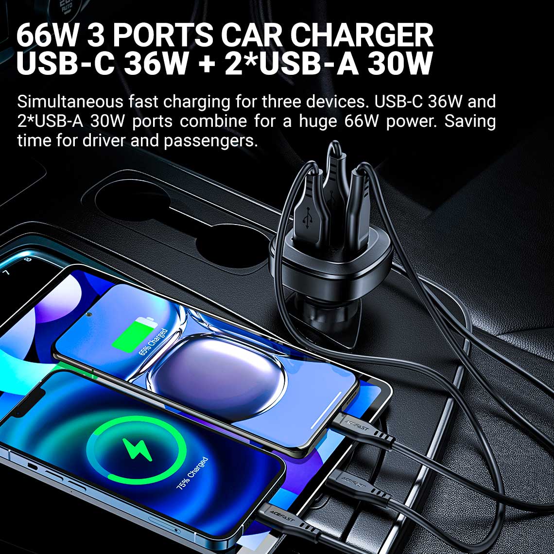 acefast b9 66w car charger 3 ports