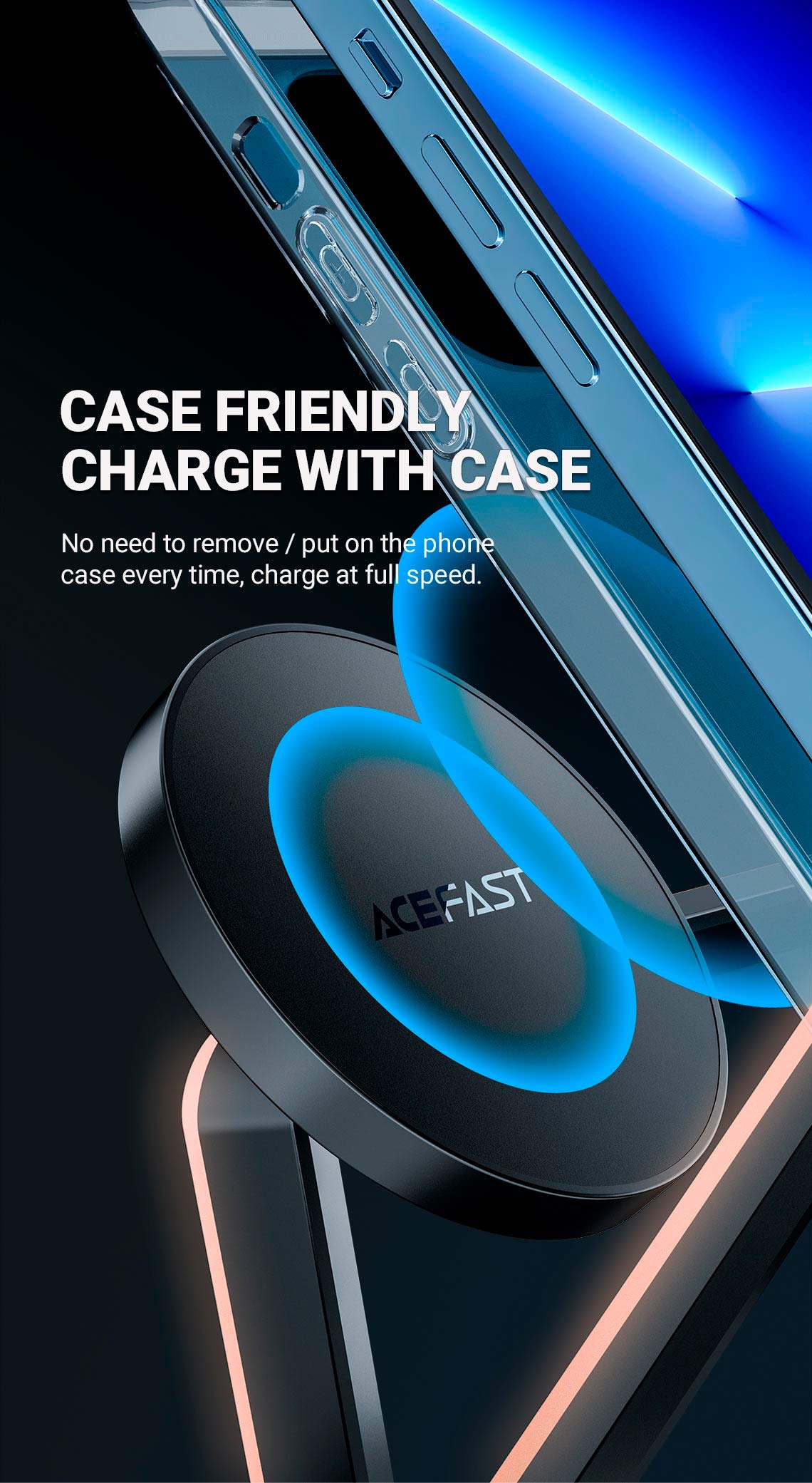 acefast e9 desktop 3in1 wireless charging holder case friendly