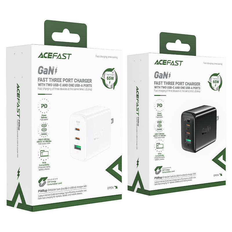 acefast a43 pd65w gan 2xusbc usba wall charger us packaging