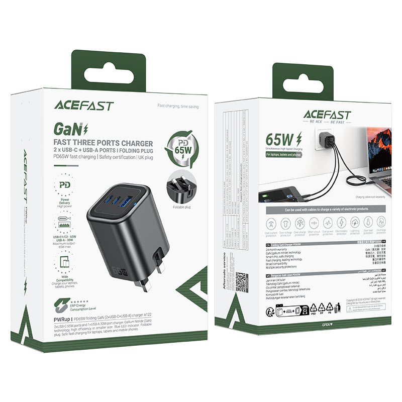 acefast a122 pd65w gan 2xusbc usba charger uk packaging